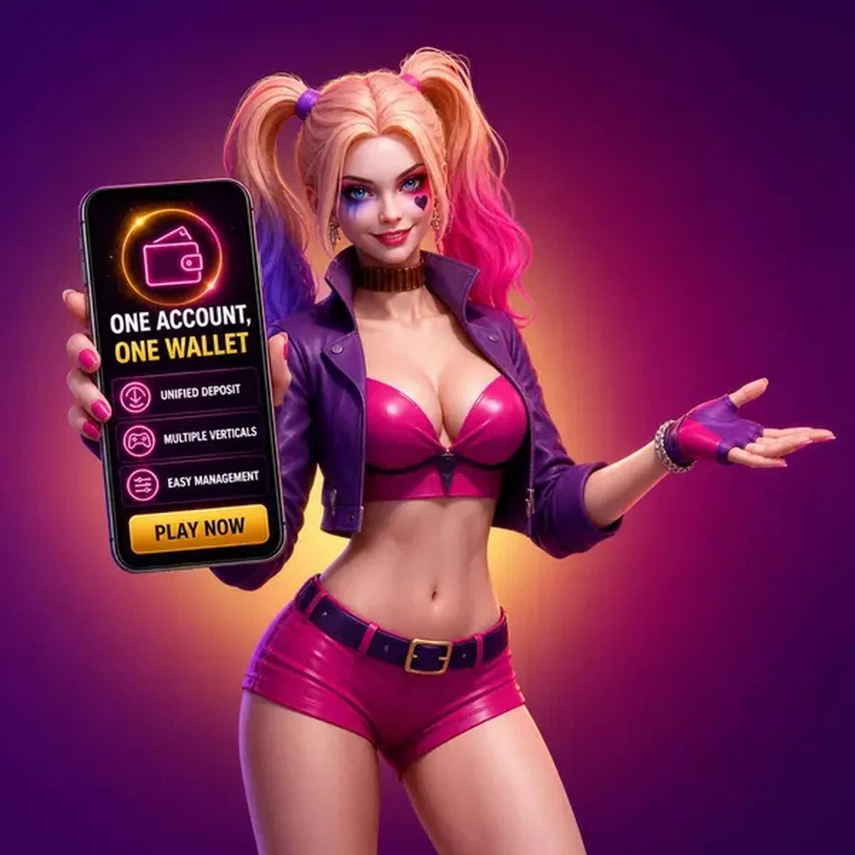 Herrin der Messe präsentiert das einheitliche Kontosystem von NV Casino auf ihrem Smartphone