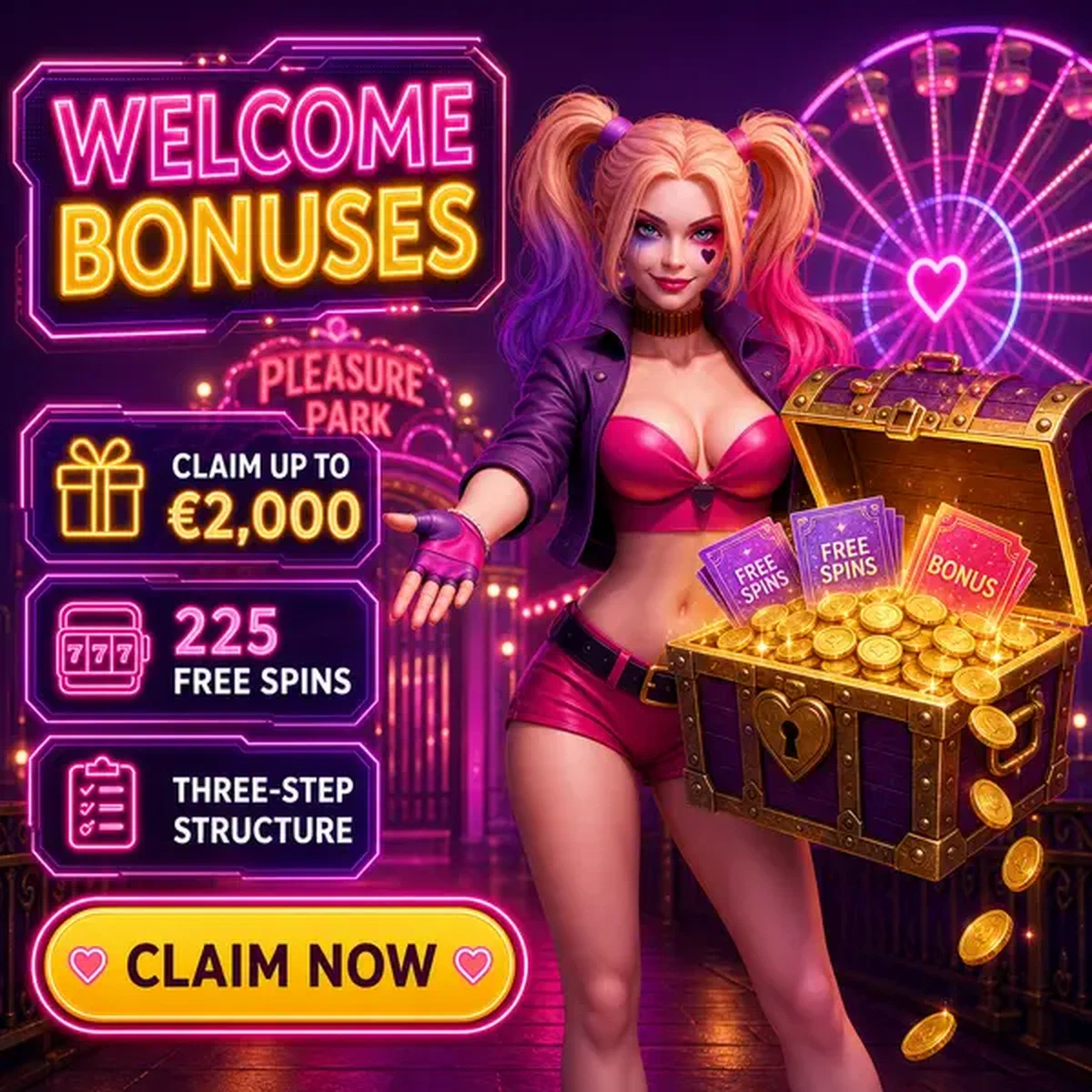 Mystress präsentiert Willkommensbonus-Schatztruhe bei NV Casino mit herausfallenden goldenen Münzen