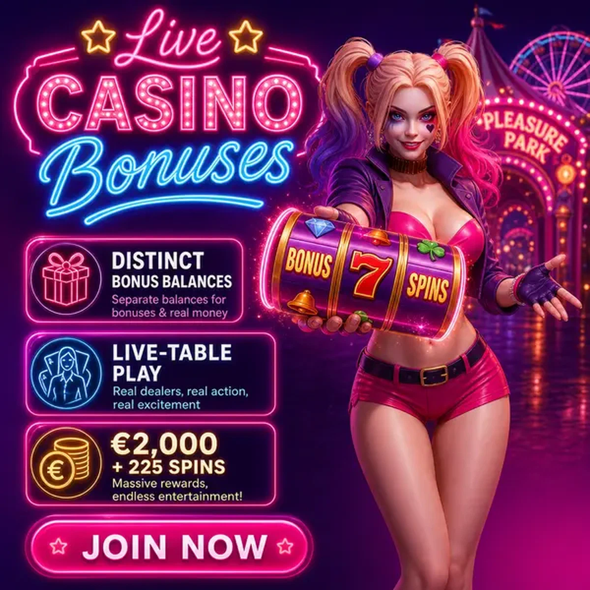 Live-Dealer-Action im NV Live Casino mit drehendem Bonusrad und Neon-Karnevalsatmosphäre