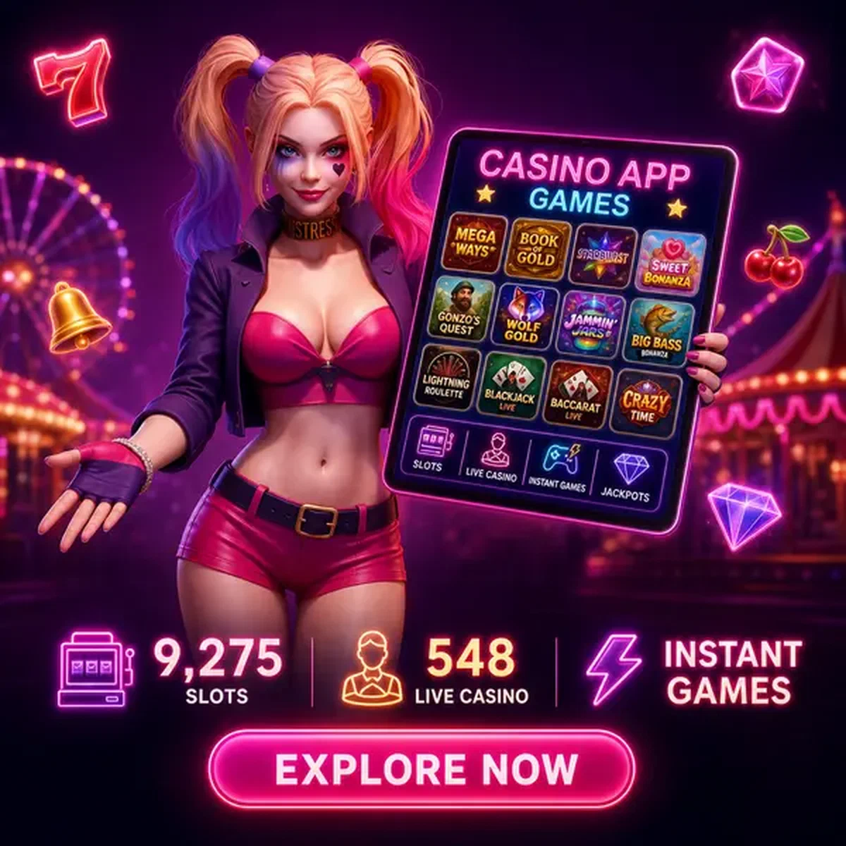Casino-Gastgeberin präsentiert 9.275+ Spiele in Ihrer NV Casino App Lobby auf leuchtendem Tablet