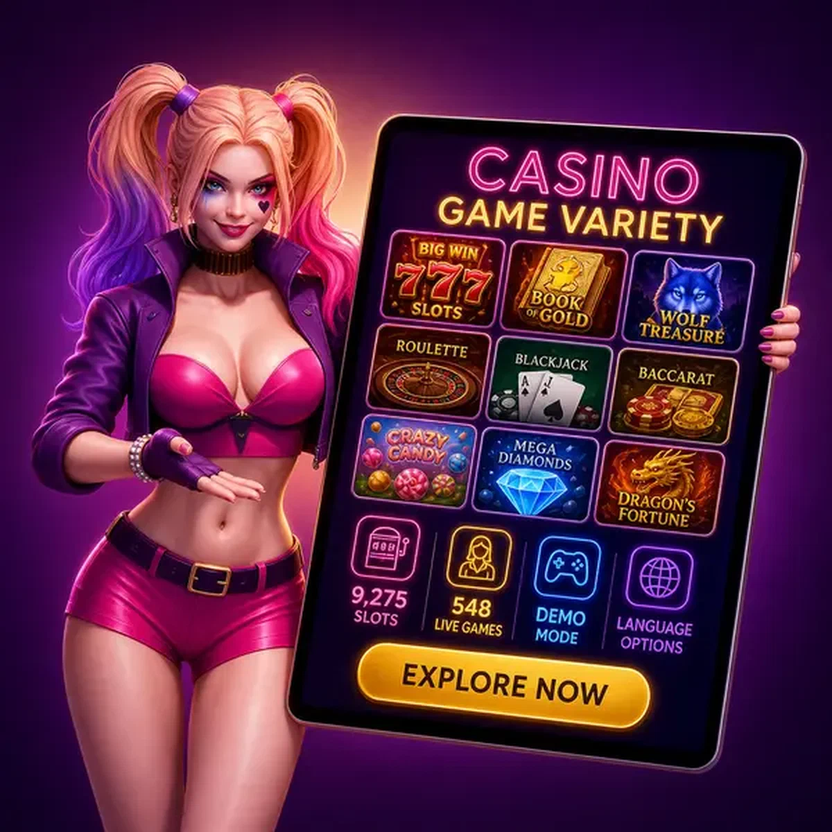 Herrin präsentiert Spielkatalog auf Tablet bei NV Casino Games mit 9.275 Slots-Anzeige